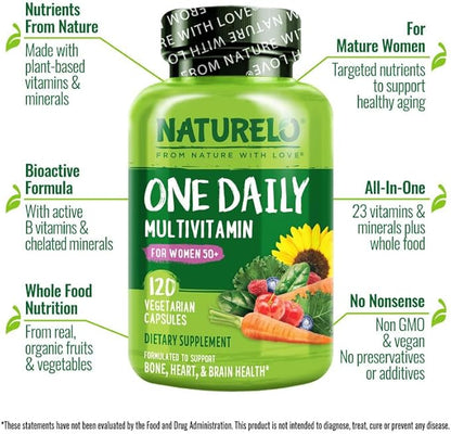 NATURELO One Daily Multivitamin for Women 50+ (Iron Free) - Menopause Support for Women Over 50 - Whole Food Supplement - Non-GMO - No Soy - 120 Capsules - 4 Month Supply