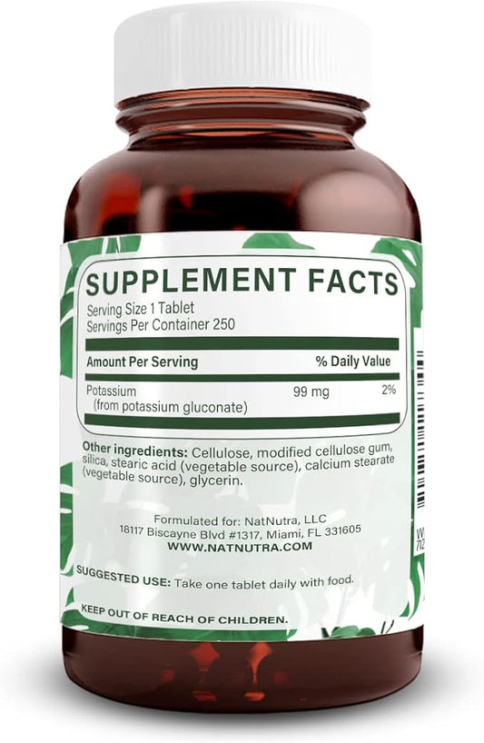 Natural Nutra Elemental Potassium Gluconate 99 mg Dietary Supplement – Promotes Energy, Helps Boost Nervous System, Promotes Heart Health, Mineral Regulation, Muscle Function - 250 Vegan Tablets