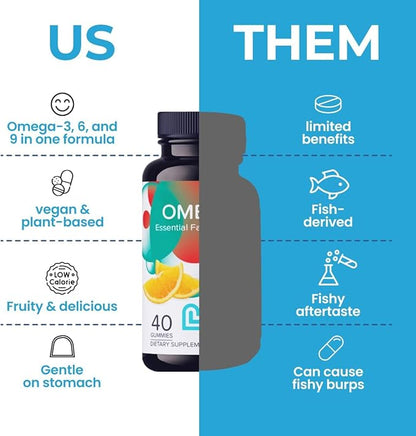 Omega 3 Gummies for Adults with Flaxseed Oil (Omega 3, 6, 9) – Heart Health, Brain Function, Joint & Eye Support for Women & Men | Vegan, Non GMO, Gluten Free Gummy Vitamins | Orange Flavor- 40ct