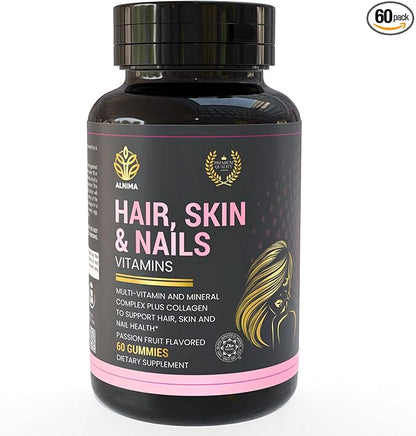 Hair, Skin & Nails Complex – Collagen + Biotin with Essential Vitamins & Zinc – Halal Certified – Beauty Support for Women – 60 Gummies – Made in USA