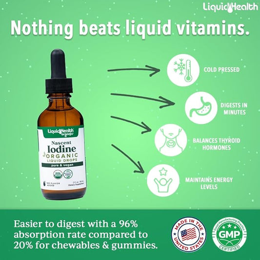 LIQUIDHEALTH USDA Organic Nascent Iodine Liquid Drops, Pure Iodine Supplement for Thyroid & Immune Support, Energy Supplement - Made in USA, Vegan, Colorless, Tasteless Tincture (2 Pack)