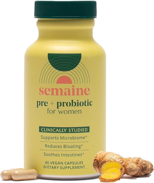 Semaine Super Powered Prebiotic + Probiotic for Women, Effective 3-in-1 Multi-Action Formula to Nourish Gut Health, Soothe IBS, Support Bloat Relief & Immunity Boost, Clinically-Studied (60 ct)