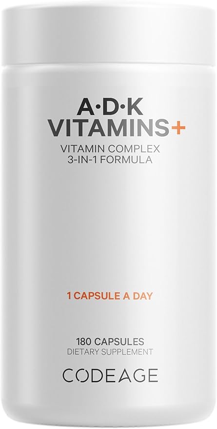 Codeage ADK Vitamins Supplement - Essential Vitamin A, D3 5000 IU, K1 & K2 (MK4 & MK7) - 6-Month Supply - 1 Capsule per Serving, Non-GMO, Gluten-Free - 180 Capsules