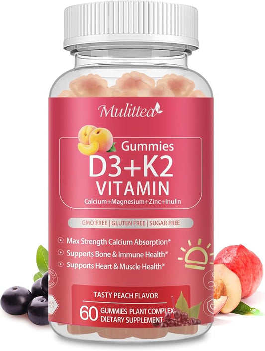 Vitamin D3 10000 IU + K2 (MK-7) 200mcg w/Calcium Magnesium Zinc Elderberry & Inulin-Highly Bioavailable-Enhanced Absorption for Immune & Bone Support- K2 D3 Vitamin Supplement-Vegan Gummies
