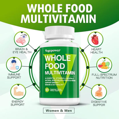 Vegan Whole Food Multivitamin with Iron, Daily Multivitamin for Men and Women, Methylated Multi Vitamins, B-Complex, Fruits & Vegetables, Enzymes, Omegas, Mushroom, Non-GMO, 90 Count