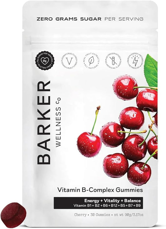 Barker Wellness Vitamin B-Complex Gummies | Energy & Metabolism Support | B1, B5, B6, B7, B9, B12 | Vegan, Sugar-Free | Cherry Flavor | 30 Gummies