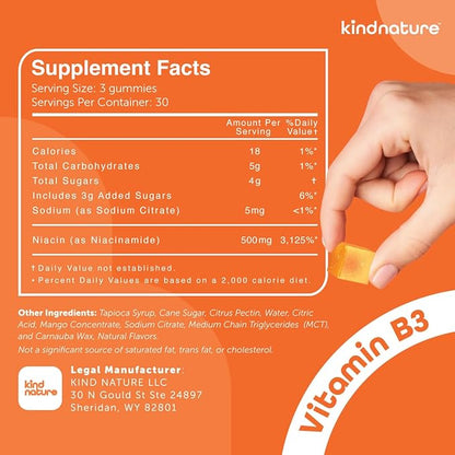 kindnature Vitamin B3 Niacin Gummies - Flush Free Niacinamide 500mg Supplement - Vegan, Non-GMO, Low-Calorie, Gluten-Free, Soy-Fee, 3rd Party Lab Tested - 1 Month Supply, 90 Chewable Gummies