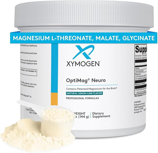 XYMOGEN OptiMag Neuro - Chelated Magnesium Powder - with Magnesium Glycinate & L-Threonate - Support Brain Health & Relaxation - Lemon Lime (60 Servings)