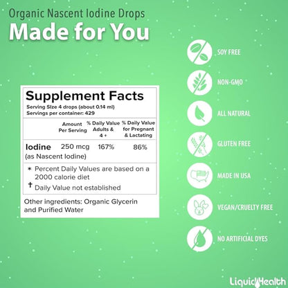 LIQUIDHEALTH USDA Organic Nascent Iodine Liquid Drops, Pure Iodine Supplement for Thyroid & Immune Support, Energy Supplement - Made in USA, Vegan, Colorless, Tasteless Tincture (2 oz)