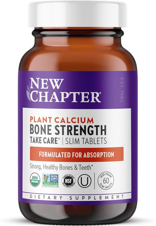 New Chapter Calcium Supplement - Bone Strength Organic Calcium with Magnesium, Vitamin D3+K2, 70+ Trace Minerals for Bone Health, Gluten Free, Easy to Swallow Slim Tablets - 60 Count
