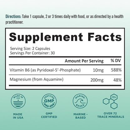 Ocean Magnesium 200mg Aquamin | More Soluble Than Magnesium Glycinate | Whole Food Mag B6 Supplement for Women | Gentle on Stomach & Vegan | Sleep Support, Calms Nerves & Leg Cramps | 60 Ct
