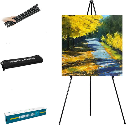PUJIANG Easel Stand for Signs,63" Easels for Displaying Pictures, Display Easels for Wedding Sign Poster, Metal Floor Standing Easel,Folding Art Easel for Painting, Welcome Sign Stand with Case