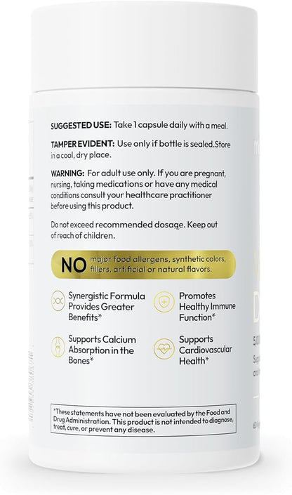 Mida Health® D3 K2 Vitamin 5000 IU with MK-7 | Natural Supplement for Bone, Heart, and Immune Support | Adult Vegan Capsules | 60 Servings