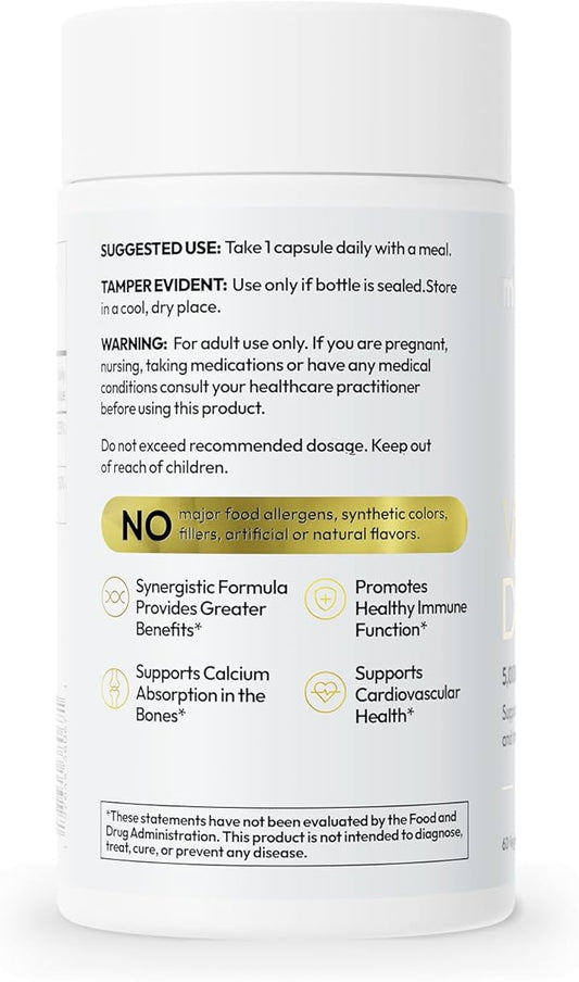 Mida Health® D3 K2 Vitamin 5000 IU with MK-7 | Natural Supplement for Bone, Heart, and Immune Support | Adult Vegan Capsules | 60 Servings