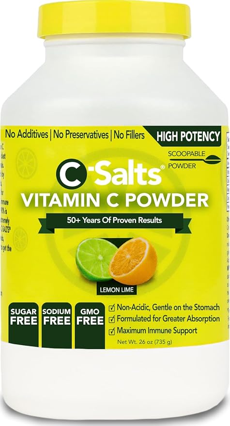 C-Salts Original Vitamin C Powder Supplement - 100% Pure High Dose Buffered Vitamin C Powder for Immune Support - Sugar-Free Powdered Drink Ascorbate, Organic, Stomach-Friendly, Lemon Lime 26oz