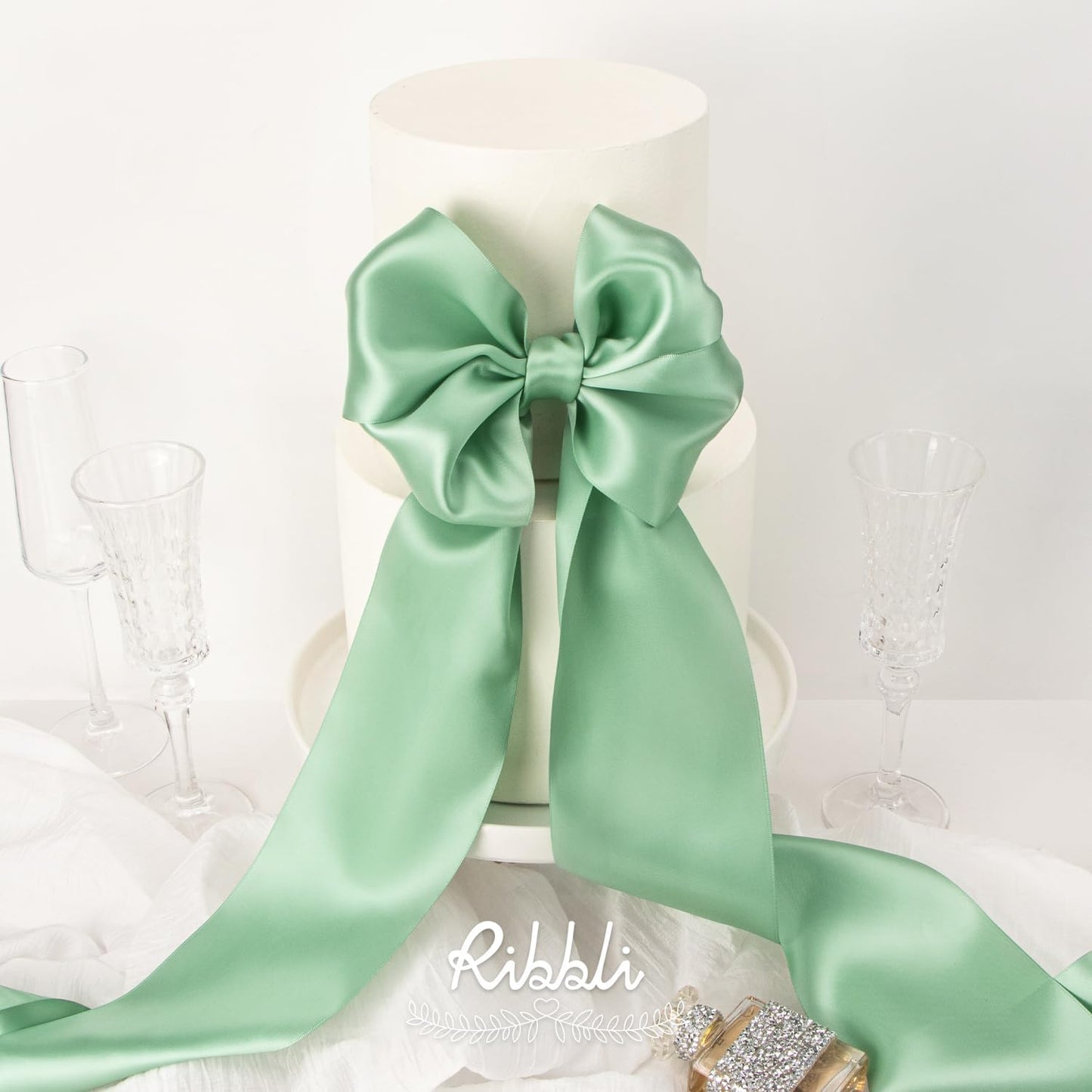 Ribbli Sage Green Satin Ribbon 4 Inch Wide Sage Ribbon for Wedding Chair Sash Grand Opening Ceremony Big Bows Gift Wrapping Floral Crafts Cake Decor-Double Faced Satin Continuous 10 Yards
