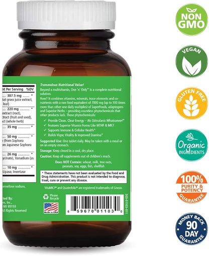 One n Only Whole Food Multivitamin by Pure Essence - Super Energetic Once a Day with Superfoods, Minerals, Enzymes, Vitamin D, D3, B12, Biotin - 30 Tablets