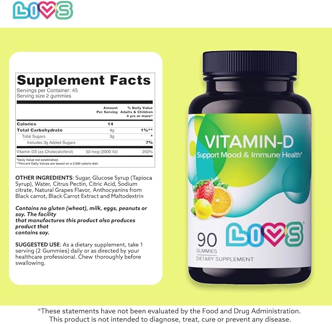 Vitamin D Gummies for Women & Adults | Vitamin D3 2,000 IU Supplement for Immune Support & Bone Health | Gelatin-Free, Gluten-Free & Non-GMO Gummy Vitamins | Lemon, Berry & org Flavor - 90 Ct
