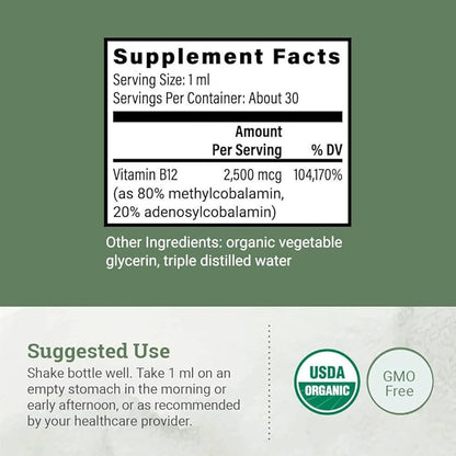 Organic Vegan Vitamin B12 Sublingual Liquid Supplement - 2500mcg Methylcobalamin Drops for Natural Energy, Metabolism Health and Immune System Support - 1 Fl Oz