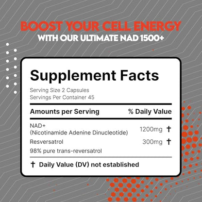UTOYA NAD 1500+ Nicotinamide Riboside Supplements - Trans-Resveratrol Supplement Supports Cellular Energy Metabolism & Repair, Vitality, Healthy Aging - Vegan/Gluten Free - 90 Capsules