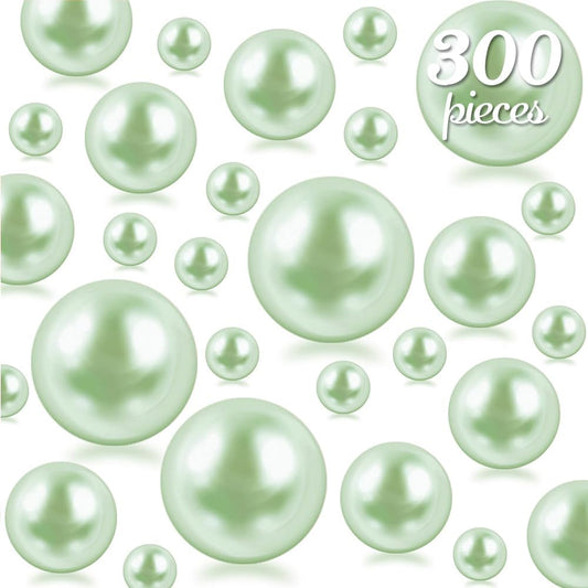 300Pcs Light Green Polished No Hole Faux Pearl Beads for Vase Filling Decorations, Plastic Pearls Vase Fillers, Table Scatters, Wedding Centerpiece, Home Decor, 8/14/20 mm