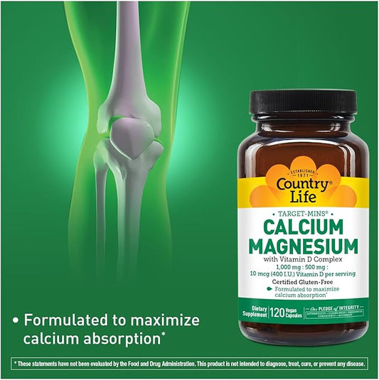 Country Life Target-Mins Calcium Magnesium with Vitamin D-Complex, 1000mg/500mg/10mcg, 120 Vegan Capsules, Certified Gluten Free, Certified Vegan, Verified Non-GMO Verified