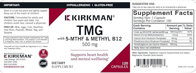 TMG (Trimethylglycine) 500 mg w/Folinic Acid & B12 Capsules - Hypo 120 capsules