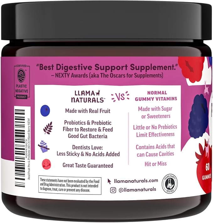 Llama Naturals Probiotics for Women and Men with Prebiotic Fiber, Vegan, Organic, Probiotic Gummies for Gut Health Support, Adults Real Fruit Gummy Vitamins, No Added Sugar Cane, Mixed Berry, 60 Ct