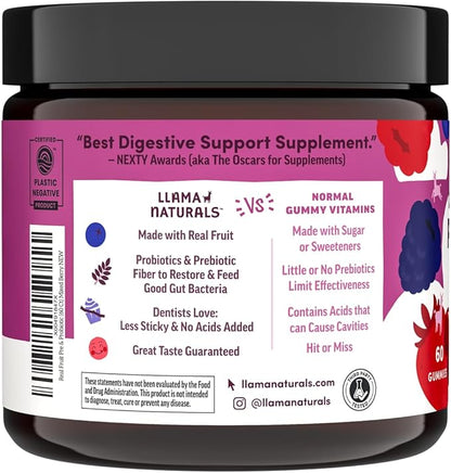 Llama Naturals Probiotics for Women and Men with Prebiotic Fiber, Vegan, Organic, Probiotic Gummies for Gut Health Support, Adults Real Fruit Gummy Vitamins, No Added Sugar Cane, Mixed Berry, 60 Ct