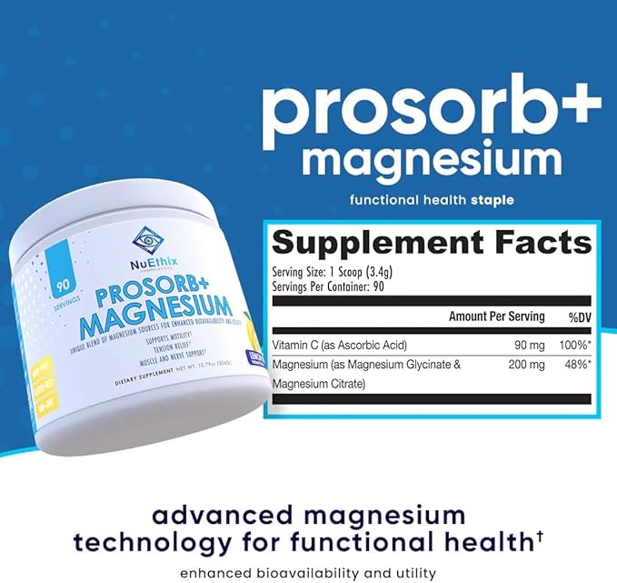 NuEthix Formulations Prosorb+ Magnesium Dietary Supplement, 200mg Magnesium Blend to Support Physical & Mental Wellness, Vitamin C, Dairy-Free, Gluten Free, & Non-GMO, Lemon Italian Ice, 90 Servings