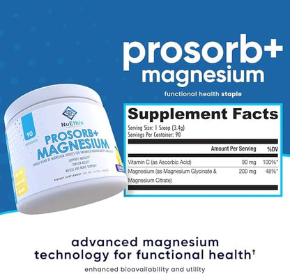 NuEthix Formulations Prosorb+ Magnesium Dietary Supplement, 200mg Magnesium Blend to Support Physical & Mental Wellness, Vitamin C, Dairy-Free, Gluten Free, & Non-GMO, Lemon Italian Ice, 90 Servings