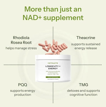 Longevity + Energy - Supplements with Rhodiola Rosea, TMG & Theacrine, Maximize Strength & Recovery, NAD+ Supplement, PQQ for Anti-Aging, 60 Capsules