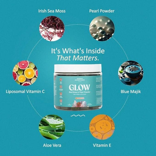 Sea Moss Glow Gummies, Hair, Skin & Nails Vitamins with Seamoss, Pearl Powder, Vitamin E, Aloe Vera, Liposomal Vitamin C, and Irish Sea Moss, Gummies for Women & Men, 60 Count