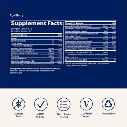Trace Minerals Power Pak | Electrolyte + 1200mg Vitamin C, Zinc, Magnesium | Immunity, Hydration & Energy Support | Pomegranate Blueberry, Raspberry, Acai Berry | 30 ct Variety Pack