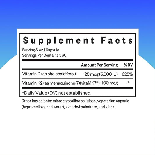 Vitamin D3 + K2 | 5000 IU of D3 (as cholecalciferol) for Optimal Calcium Absorption | 100 mcg of K2 (as menaquinone-7) for Circulatory Health | Supports Bone & Immune Health | 60 Vegetarian Capsules