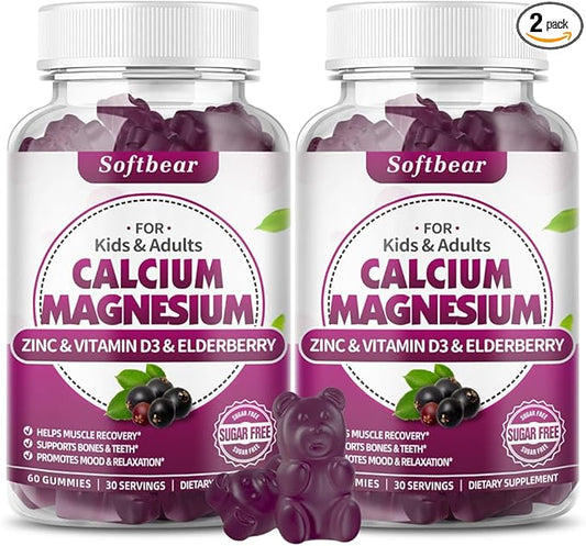 softbear Calcium Magnesium Zinc Gummies for Women, High Absorption Calcium Magnesium Supplement Chewable Calcium 600 mg for Bone Strength Vegan Elderberry Flavor 120 Gummies