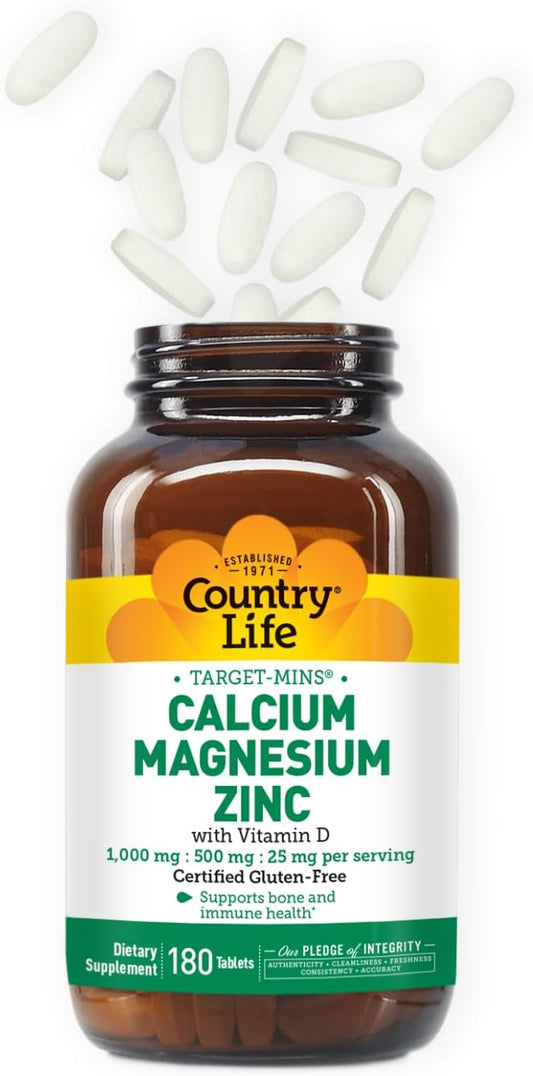 Country Life Calcium Magnesium Zinc with Vitamin D3 and L-Glutamic Acid, Dietary Supplement for Bone Support, Certified Gluten Free, 1000mg/500mg/25mg, 180 Tablets