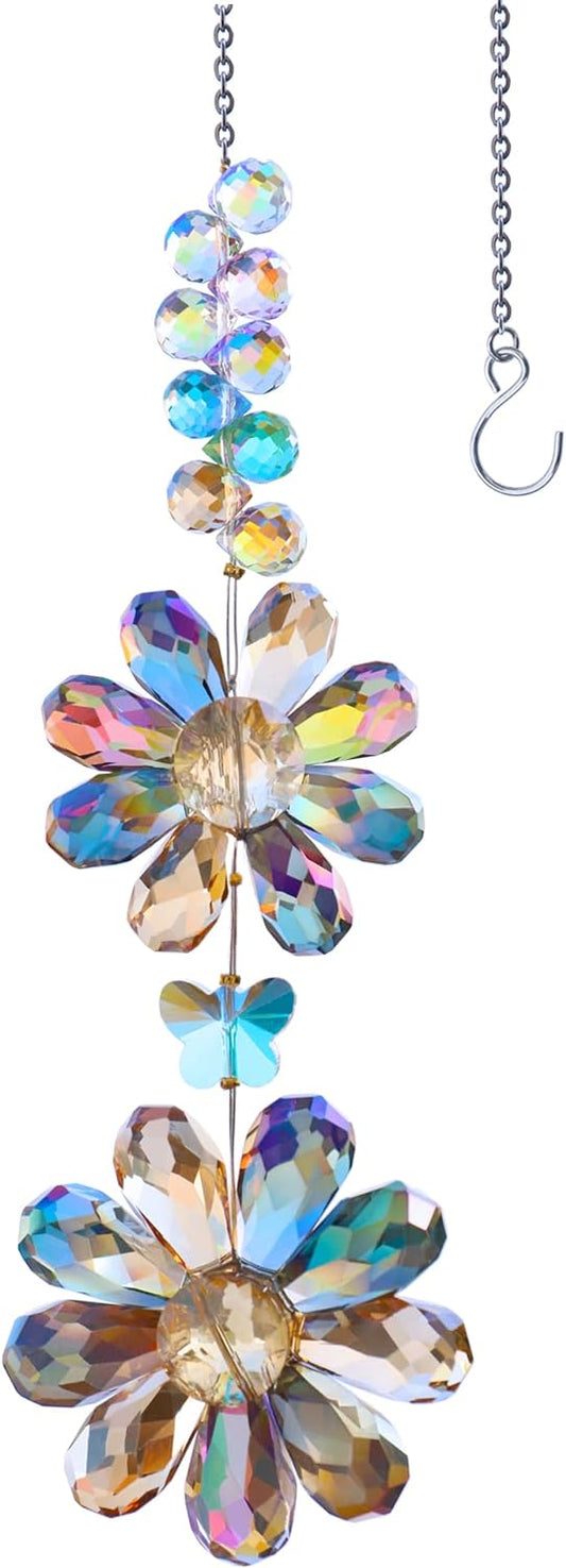 Crystal Flower Suncatcher Hanging Ornament, Rainbow Maker Window Sun Catcher Indoor Outdoor Patio Garden Decor (Deep Multicolor)