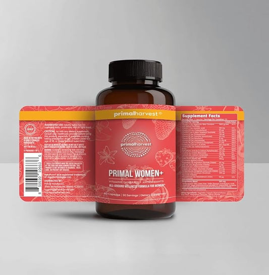 Primal Harvest Women+, Woman's Multivitamin Vitamin A, Vitamin C, Vitamin D and E, Vitamin B12, B6, Biotin, Zinc Supplements,1 Pack 60 Capsules