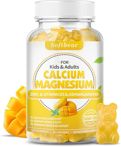 softbear Calcium Magnesium Zinc Gummies for Women, High Absorption Calcium Magnesium Supplement Chewable Calcium 600 mg for Bone Strength Vegan Mango Flavor 60 Gummies