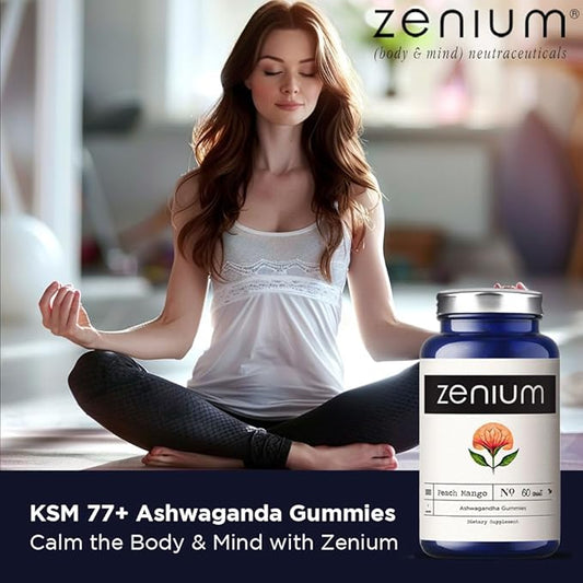 Zenium - Relieve Stress, Tension, Worry, Nervousness, & Irritability | Calm The Mind & Body | Ayurvedic | Natural Relief Supplement | Boosts Mood | Ashwagandha Gummies (Mango) | 60 Count