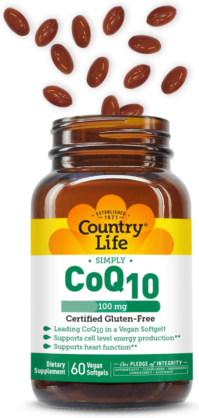 Country Life Simply CoQ10 100mg – Heart Function & Cellular Energy Support Supplement, Pure Coenzyme Q10 for Antioxidant & Cardiovascular Health, Certified Gluten Free & Vegan, 60 Softgels