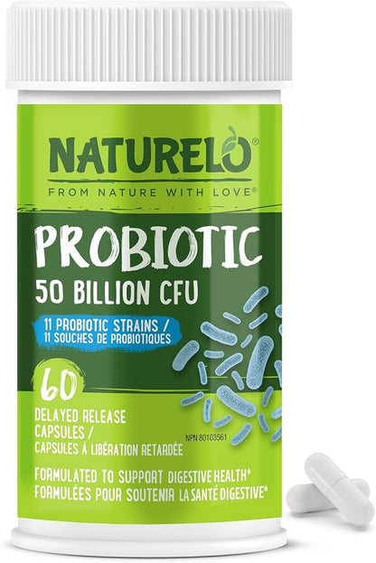 NATURELO Probiotics for Digestive Health - 50 Billion CFU, 11 Strains Daily Supplement - Boosts Immune System, Delayed Release, 60 Vegetarian Capsules