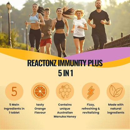 5 in 1 Immune Booster – Vitamin C, Zinc, Manuka Honey, Rosehip & Propolis – Natural Orange Fizzy Drink Supplement for Daily Immune Support (60 Effervescent Tablets)