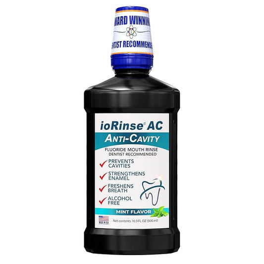 ioRinse AC Anticavity Fluoride Mouthwash - Alcohol-Free Molecular Iodine Mouth Wash Fights Tooth Decay & Protects Enamel - Safe Mint Rinse for Sensitive Mouths - Potent Bad Breath Protection