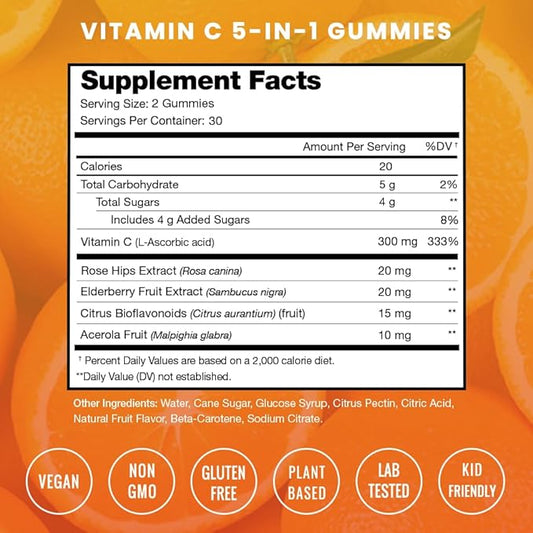 NutraChamps Vitamin C Gummies for Adults & Kids, 5-in-1 Immune System Support with Elderberry, Rosehips, Citrus Bioflavonoids & Acerola Cherry, Immunity Booster Supplement (Pack of 2)