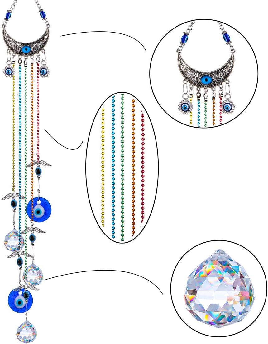 20inch Blue Evil Eye Hanging Crystals Suncatcher Ornament with Chakra Energy Crystal Ball Prism Pendant Rainbow Maker for Home Decor Protection