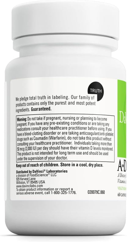 DAVINCI Labs ADK - Helps Support Bone, Heart & Immune Health - Dietary Supplement with Vitamins A, D3 & K2 (as MK-7) - Vegetarian, Gluten Free & Soy Free - 60 Capsules