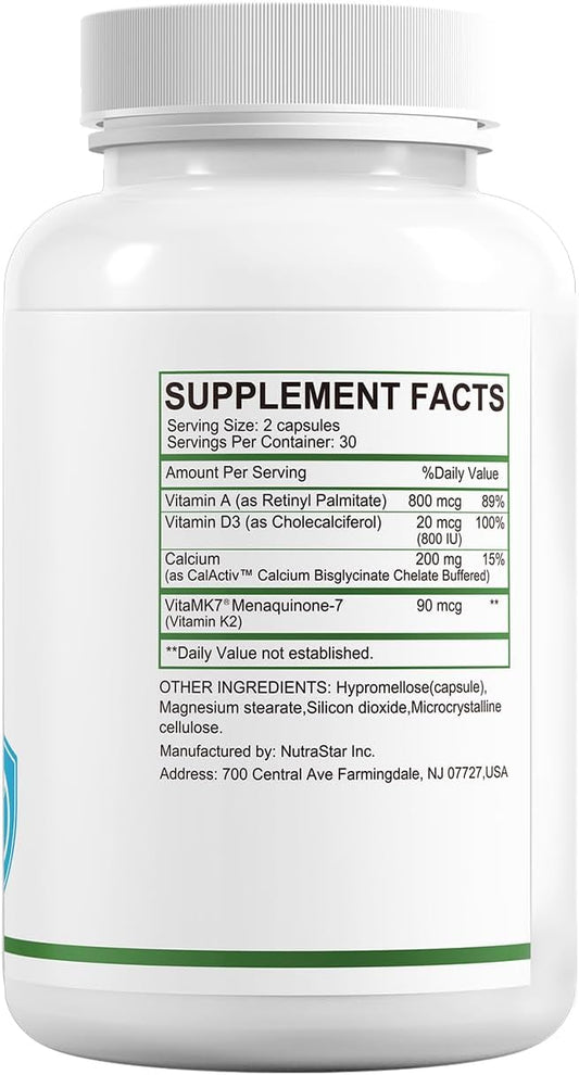 HUJ ADK Supplement, 60 Capsules, Calcium, Vitamins A, D3, K2 (MK-7)