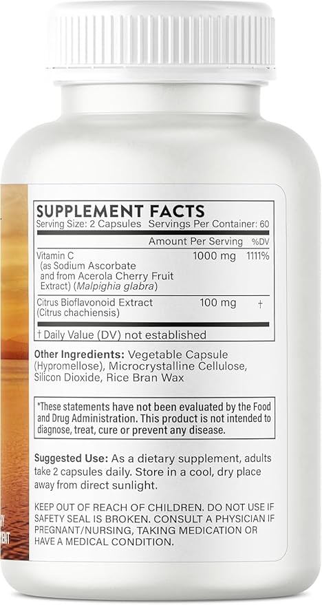 Vitamin C 1000mg - Vitamin C Supplement with Acerola Cherry, Sodium Ascorbate & Citrus Bioflavonoids for Immune Support, Collagen Boost, Heart Health, Energy Support, DNA Repair, 120 Veggie Caps